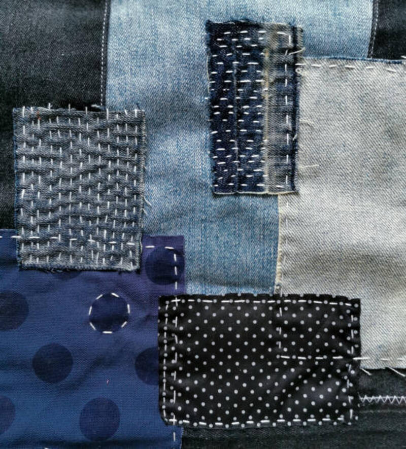 Mixed fabric, denim jeans, blue polka dot pattern printed, black denim and white stitched decoration Mixed fabric patch work, denim jeans, blue polka dot pattern printed, black denim and white stitched decoration denim jacket with patches stock pictures, royalty-free photos &amp; images