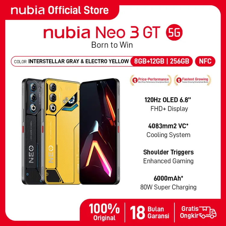 [2025NEW] HP Gaming nubia Neo 3 GT 5G RAM 20 GB (8 +12 GB) + ROM 256 GB 6000mAH Super Fast Charging 80W Garansi Resmi