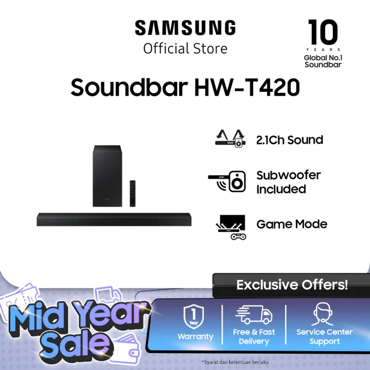 Samsung T420 Soundbar 2.1ch, Dolby Digital, Powerful bass, Smart Sound, Bluetooth/Optical In - HW-T420/XD