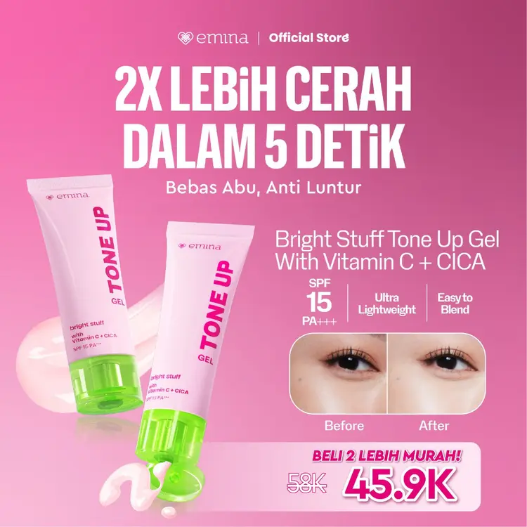 NEW! Emina Tone Up Cream Gel 20 ml - Instan Mencerahkan Kulit, Efek Tone-up Glowing Skin, UV Protection SPF 15, No Whitecast, Tekstur Ringan, Anti luntur, Easy to Blend, Brightening Formula, Mudah Menyerap, Cocok untuk semua jenis kulit