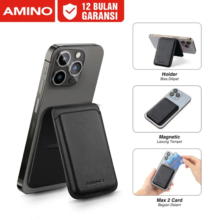 AMINO Magnetic Card Holder / Multifunctional Magnetic Kartu Card Holder Case / Wallet + Stand Phone / Slim Leather Dompet Kartu Stand HP Magnet / Portabel dilipat