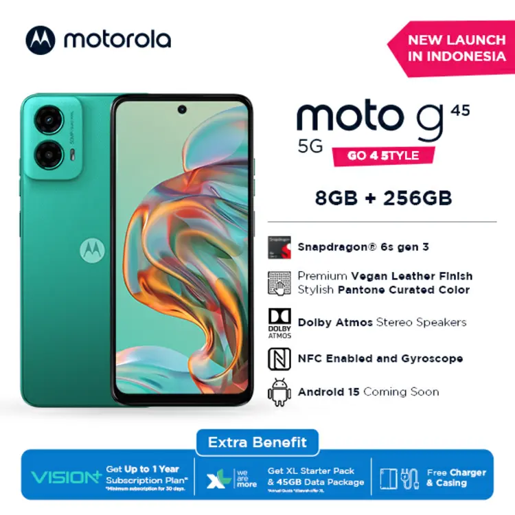 Motorola G45 5G 8+8/256GB - Up to 16GB Extended RAM - Snapdragon 6s Gen 3 - 6.5 inch Screen Size - Gorilla Glass 3 - 120Hz - 50MP Main Camera - 16MP Selfie Camera - 5000mAh - NFC - Dolby Atmos Stereo Speaker - Bonus Charger 20W & Clear Case