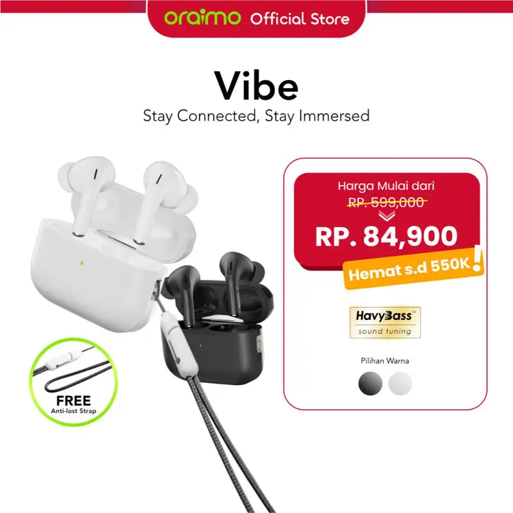 oraimo Vibe OTW-3001 Earphone V5.2 Bluetooth Stereo Nirkabel Bass Havy Hitam Earphone TWS Bluetooth Gaming Full Bass True Wireless Design Black