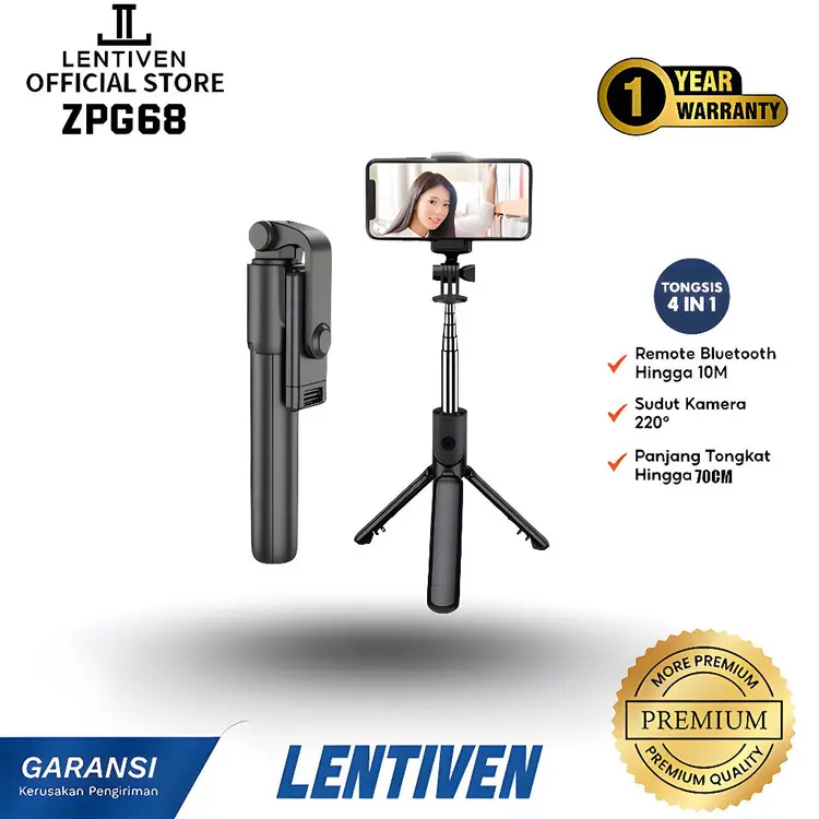 LENTIVEN Tongsis Selfie Tripod Bluetooth 4 In 1 dengan remote control Selfie Stick Portable Flexible lampu LED Selfie Stick 360º