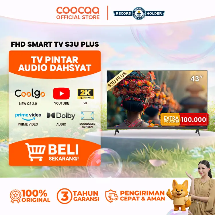COOCAA TV 43 inch S3U Plus - Smart TV - Coolita 3.0 - Smart TV - 2K LED - Voice Control - Youtube/ Prime Video - Dolby Audio (COOCAA 43S3U Plus)