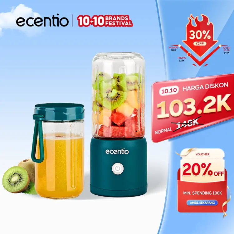 ecentio Juicer Portable Mini Juicer 8 Mata Pisau 2 Food Grade Kaca Gelas Tahan Pecah 380ml+380ml Blender MPASI Portable For Smoothie Diet & Minuman Sehat