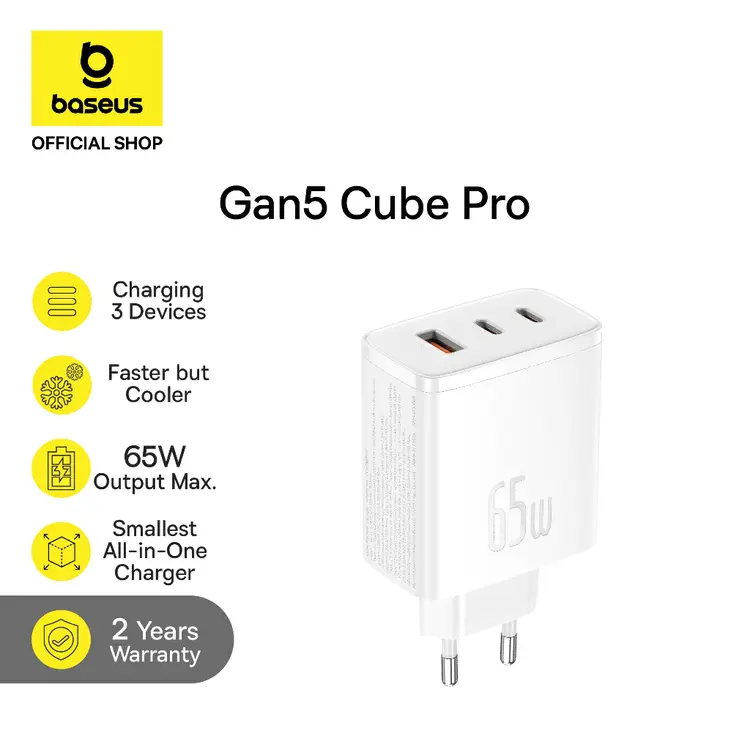 Baseus Charger Gan5 Cube Pro Fast Charging 2C+U 65W EU Black White Cooling System Cut Off