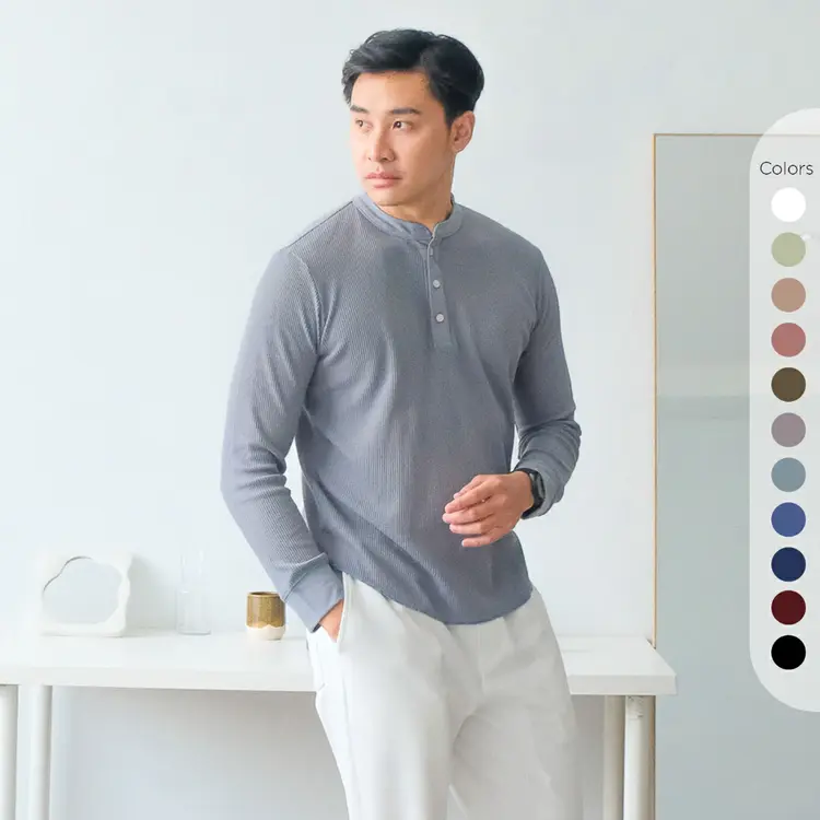 Isla for Men Smith Waffle Henley Neck T-Shirt Long Sleeve - Atasan Pria Lengan Panjang - Baju Pria - Baju Laki-laki