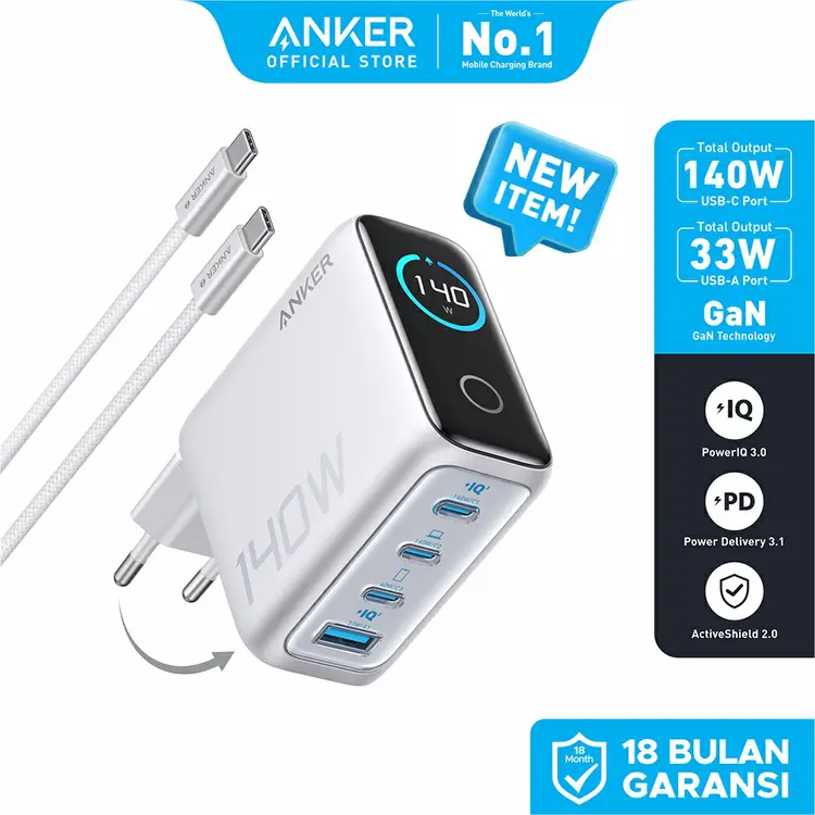 Anker Digital Display 140W Charger with Type C Cable and Powerbank 25.000 mAh 165W Built-in Retractable Cable GAN Fast Charging PPS PD3.1 Macbook Laptop iPhone Samsung - B2697 / A1695