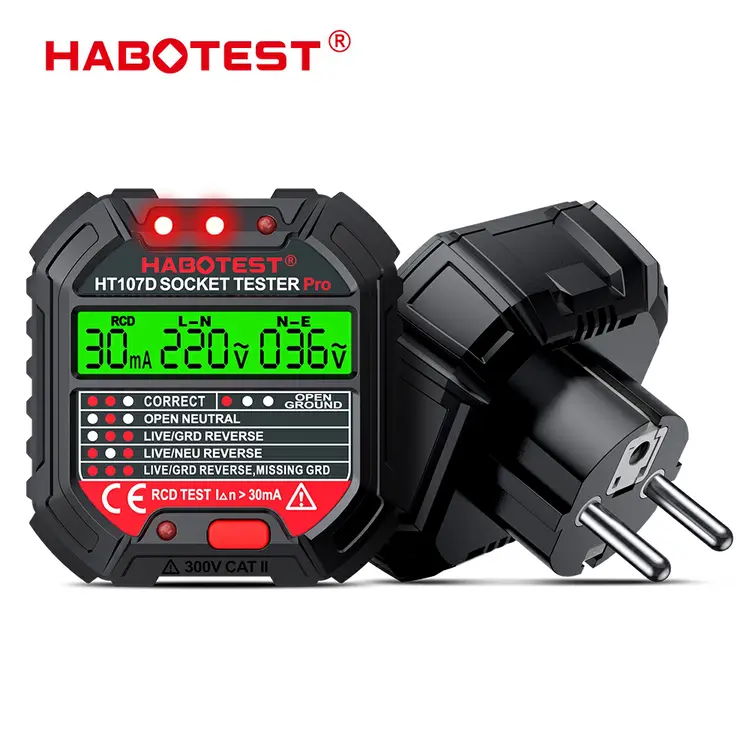 HABOTEST HT107D GFCI Socket Tester 48V-250V Earthing Tester Pencari Kebocoran Listrik Outlet Tester Otomatis Sirkuit Listrik Polaritas Tegangan Detektor Breaker Finder