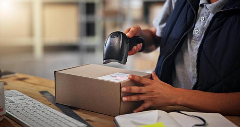 Supply chain, box and woman with scanner for delivery sticker, logistics and inventory for ecommerce. Courier hands, warehouse and employee with distributor for planning, shipping or supplier stock Supply chain, box and woman with scanner for delivery sticker, logistics and inventory for ecommerce. Courier hands, warehouse and employee with distributor for planning, shipping or supplier stock barcode scanner stock pictures, royalty-free photos &amp; images