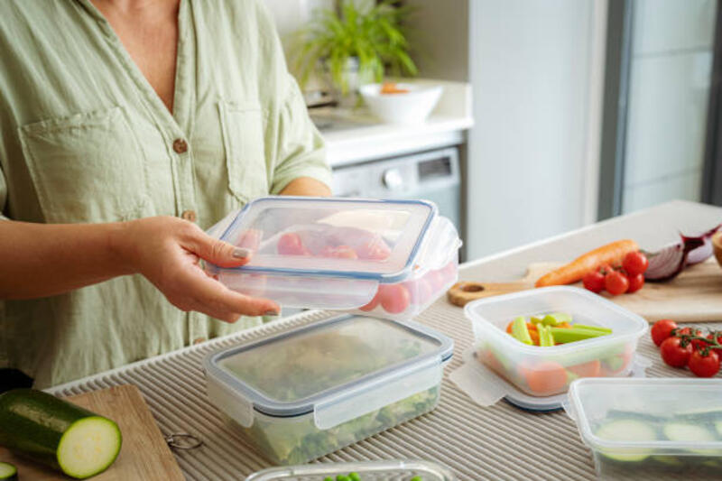 wanita mengemas sayuran sehat dalam wadah makanan kedap udara plastik - food container potret stok, foto, &amp; gambar bebas royalti