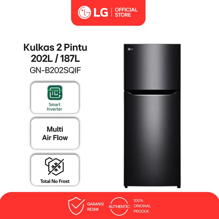 LG Kulkas 2 Pintu 202L / 187L - Smart Diagnosis - Smart Inverter Compressor - Humidity Controller Essence Matte Black - Model GN-B202SQIF