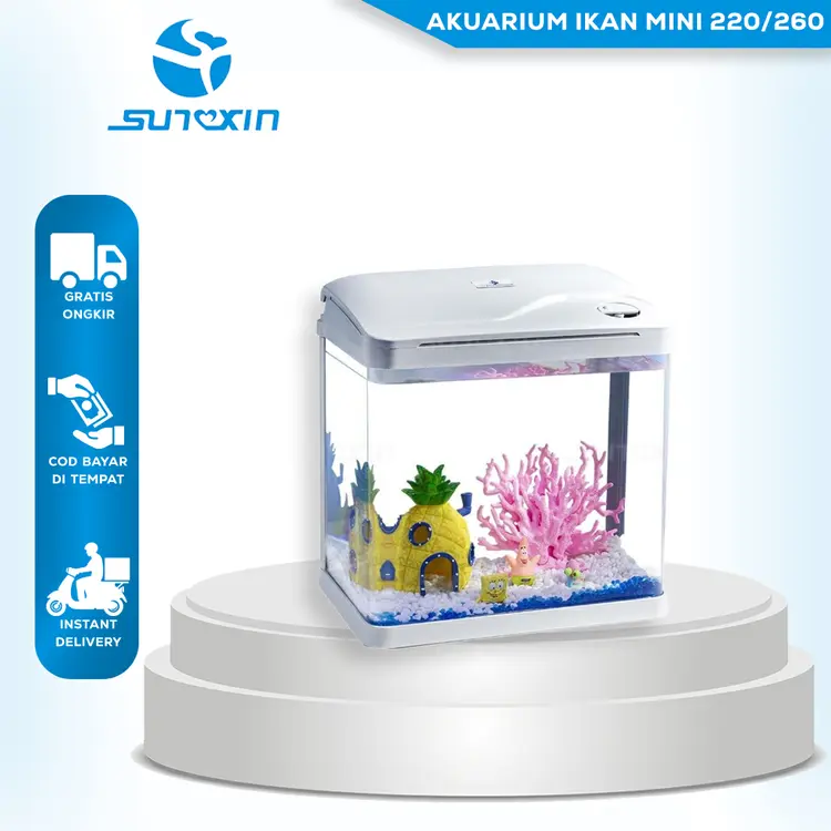 Sunxin - Akuarium Ikan Mini 220/260/320 Tangki Ikan Mini Dengan Filter Dan Lampu Led