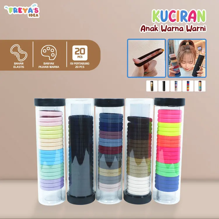 FR-C927 Ikat Rambut Donat Wanita Isi 20pcs Motif Polos Free Tabung Korean Style / Set Karet Rambut Polos Anak Elastis / Kunciran Anak Warna Warni Import