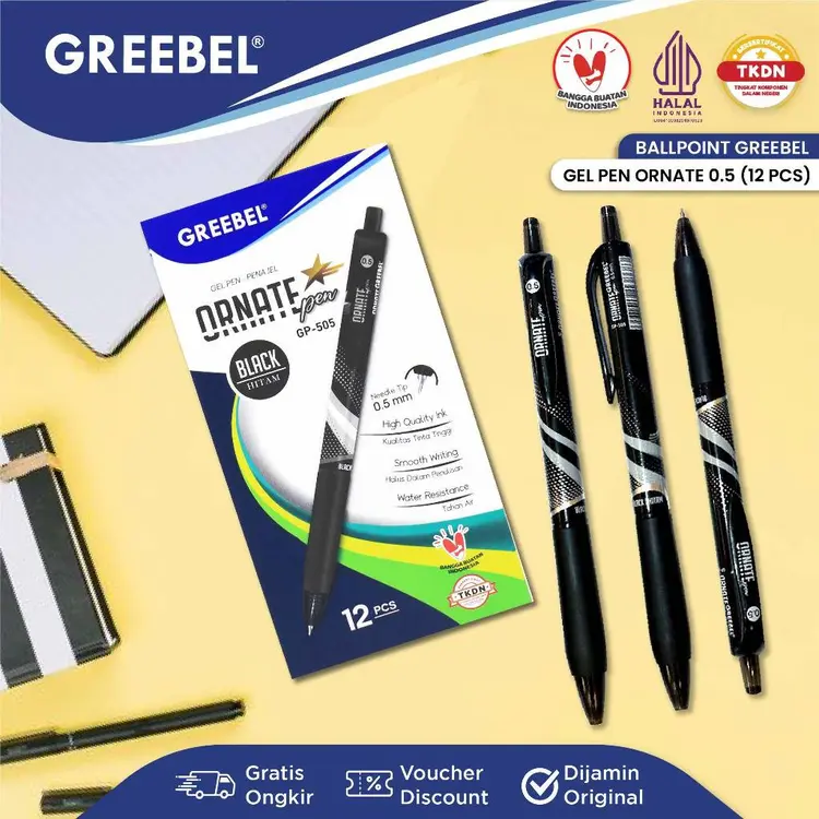 GREEBEL Pulpen Gel / Gel Pen Ornate GP-505 0.5 Hitam / Ballpen Gel Ballpoint Bolpen Bolpoin Pena Gel