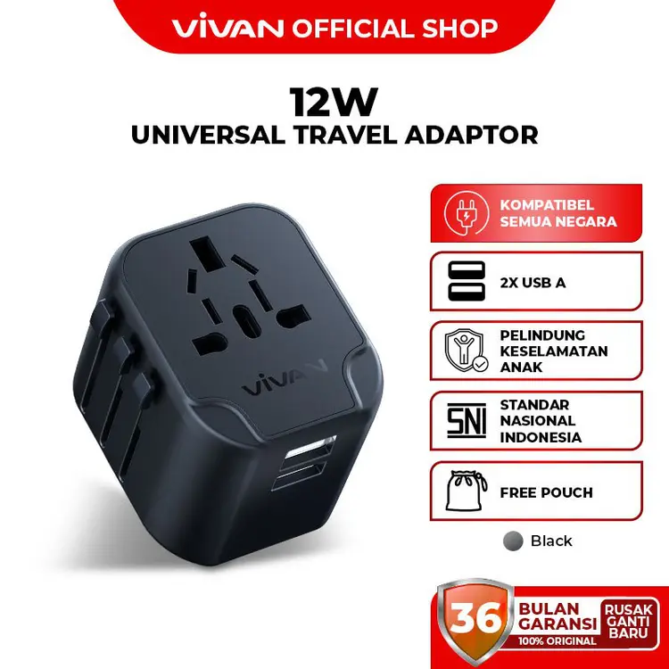 VIVAN Travel Adaptor 12W Dual USB A Multi-country Power Adapter Universal Colokan Listrik Fast Charging Steker Socket VPS-T002A Garansi 36 Bulan