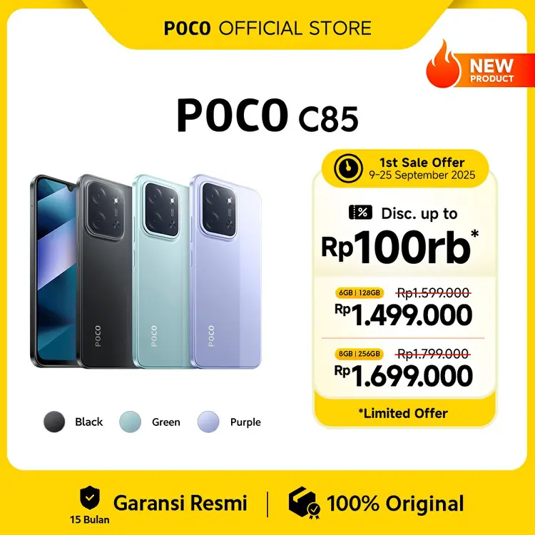 POCO C85 (6/128 GB) (8/256 GB) Baterai besar 6000mAh dengan pengisian daya 33W | Ekspansi RAM hingga 16GB | Layar imersif 6.9" 120Hz | 50MP kamera ganda AI [Official Store]