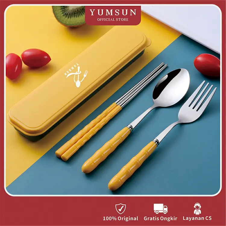 YUMSUN Sendok Garpu Set Stainless Steel / Garpu Sendok Sumpit 3In1 / Set Alat Makan /Peralatan Makan Gaya Korea