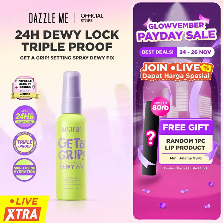 [BEST SELLING] DAZZLE ME Get a Grip! Makeup Setting Spray Dewy Fix - Setting Spray Makeup Tahan Lama Flawless & Melembabkan Kulit 24 Jam Transferproof 