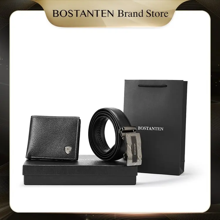 BOSTANTEN Set Kombinasi Dompet PU Dan Sabuk Kulit Sapi Pria (Kotak+Tas Hadiah)