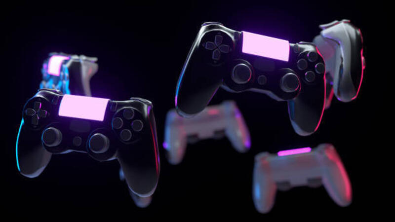 banyak-gamepad-konsol-di-latar-belakang-hitam-pengontrol-game-dengan-lampu-neon.jpg (612×344)