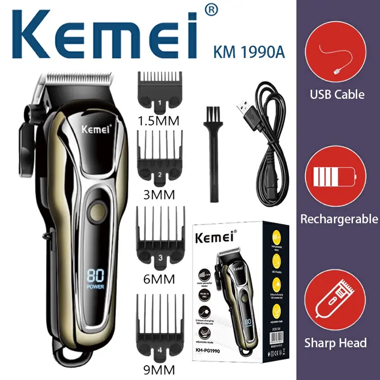 Kemei Alat cukur rambut elektrik Mesin Cukur Rambut Tanpa Kabel Turbo Hair Clipper KM-PG1990A