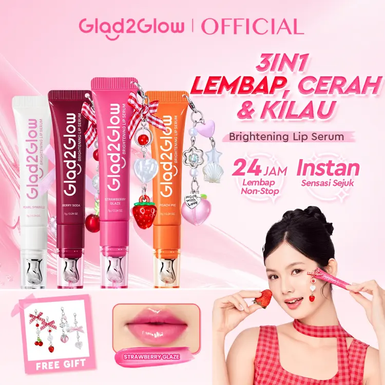 [NEW LAUNCH] Glad2Glow BRIGHTENING LIP SERUM 7g  Mencerahkan Melembabkan dan menambahkan warna3in1  liptint lipstick lipcream &Metal Applicatior cooling sensation Tahan Lama dan Vitamin E danVitamin C Cushion  g2glow official store