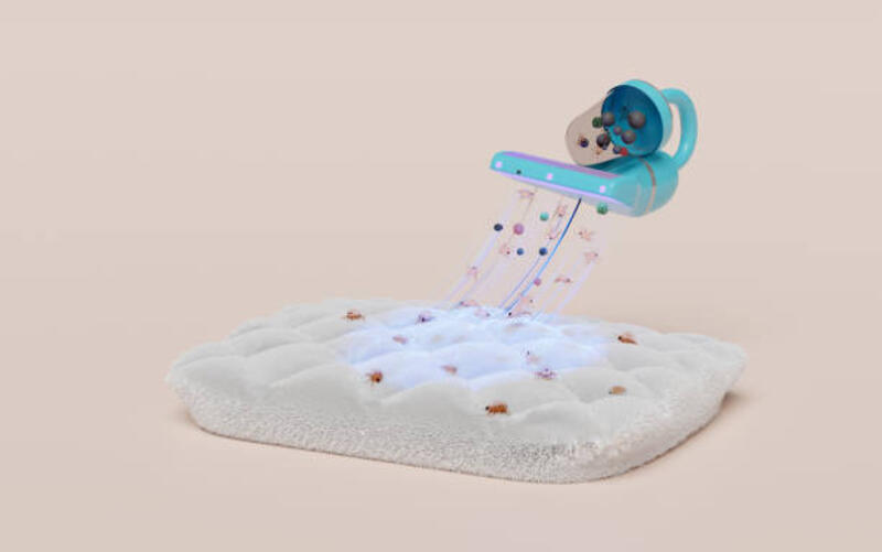 penyedot debu 3d di bantal terisolasi dengan latar belakang merah muda. konsep membersihkan tungau debu, bakteri, kuman dengan sinar ultraviolet, render ilustrasi 3d - vacuum cleaner mite potret stok, foto, &amp; gambar bebas royalti