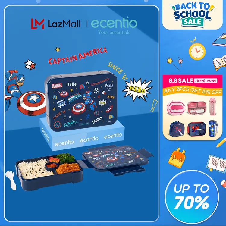 ecentiokids lunch box set anak bayi anti tumpah tempat makan Marvel Captain America/Elsa/ Micky lucu free sendok