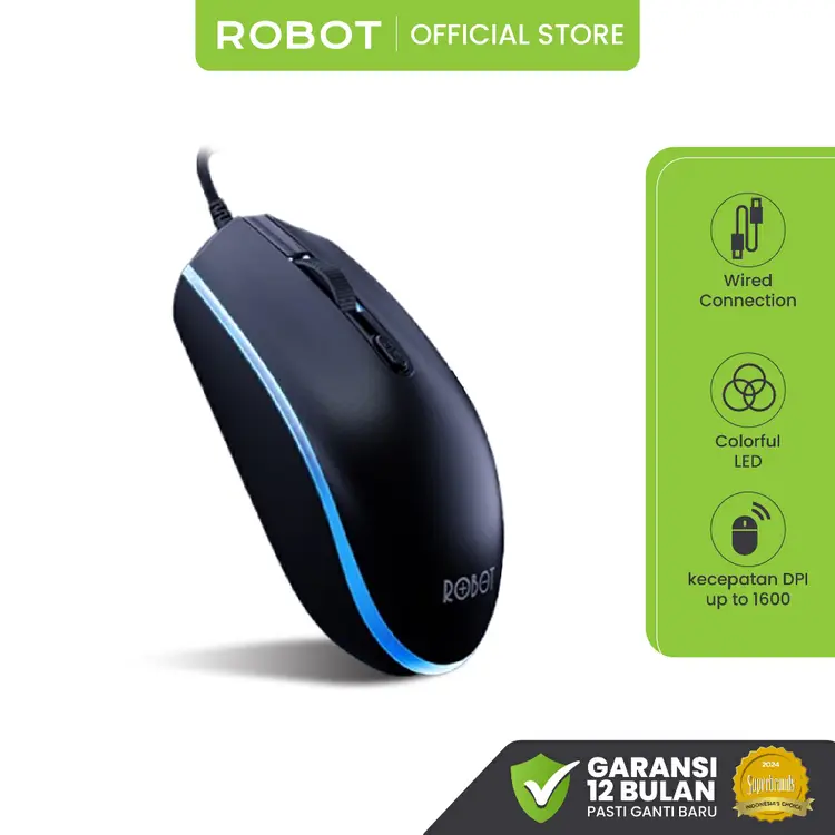 ROBOT Mouse Wired Mouse Kabel Office Tipe M130 Colorful LED 3 Kecepatan 1600 DPI Kursor Akurat Laptop PC Original Garansi 1 Tahun