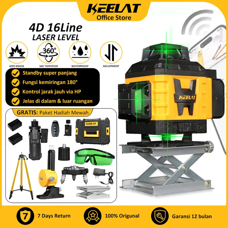 KEELAT Laser Level  4D 16Lines/12Lines Adjustable 360° Rotary Cross Auto Measuring Sinar Hijau DIY