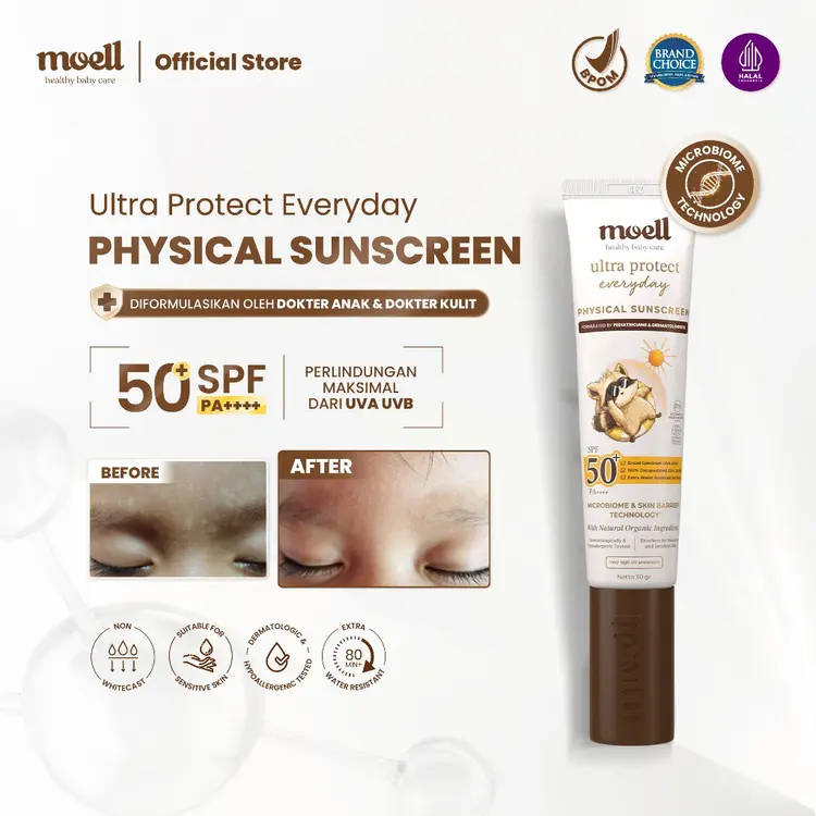 Moell Physical Sunscreen Anak 30gr - Sunscreen SPF (50+) PA(++++) Broad Spectrum, Water Resistant - Skincare Untuk Bayi & Anak