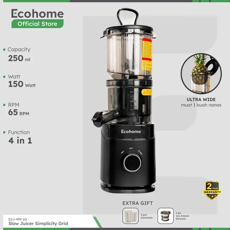 ECOHOME Slow Juicer Simplicity Grid ESJ999SG Pengekstrak Buah Muat 1 Nanas Low Watt and Easy Clean
