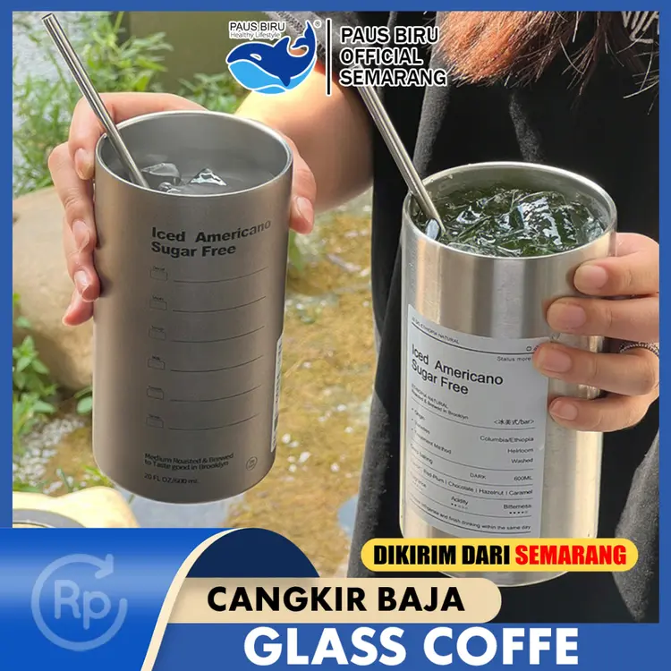 Paus- Biru  Es Kopi Mug Stainless Steel / Cangkir Tumbler Kopi Stainless / 600ml-320ml Tahan Karat Es Kopi Amerika /Mug Botol Air Dua Lapis Pendingin /Cangkir Jerami dengan Tutup/Cangkir Termos Portabel /Cangkir Kopi Baja Tahan Karat 304 / Free sedota