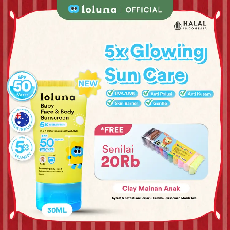 Loluna Baby Face & Body Sunscreen 30ml SPF 50+ PA++++ dengan 5x Ceramide & Niacinamide - Proteksi Lengkap UVA UVB, Anti-Polusi, Anti-Kusam, Skin Barrier, Gentle