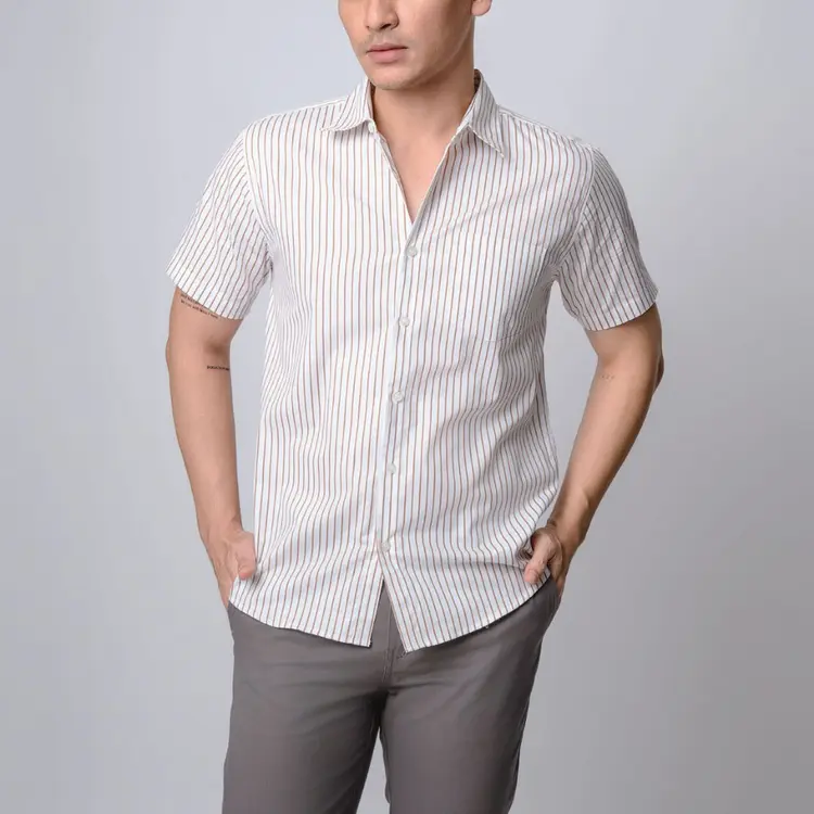 VENGOZ Kemeja Pria Slim Fit - Hugo Stripe Shirt Brown White SS