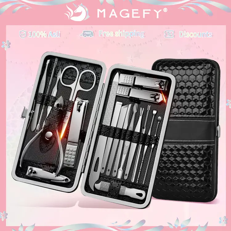 MAGEFY Gunting Kuku Set Lengkap 19 In 1 Alat Art Manicure Pedicure Stainless Stell Gunting Kuku Portable Tools Set Perawatan Kuku Alat Kecantikan Nail Care Set 1267