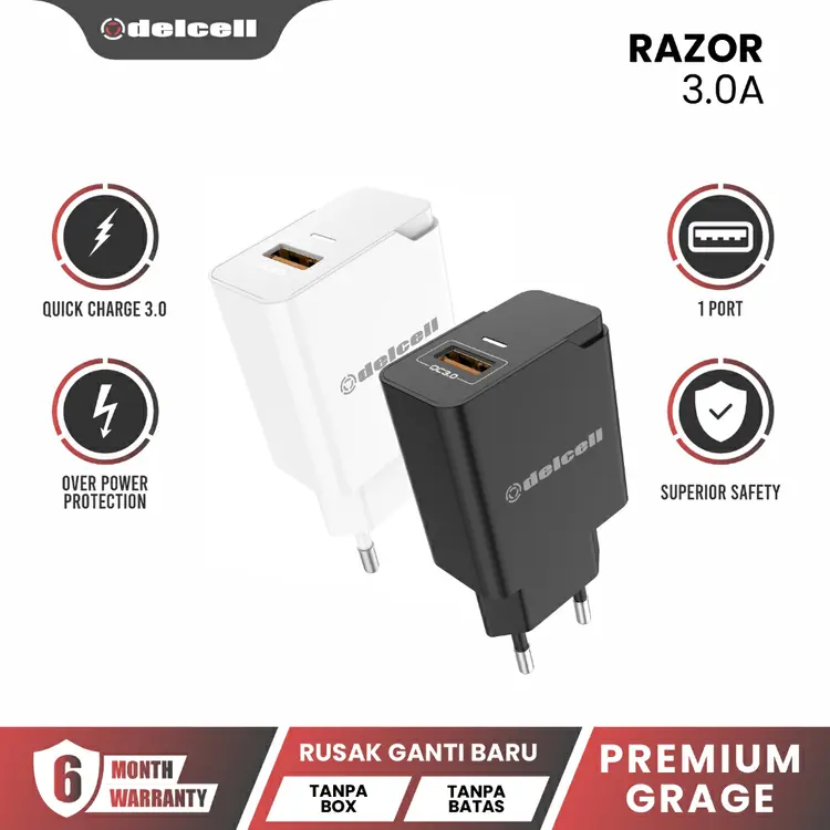 Delcell Razor Adaptor Charger  Quick Charge QC 3.0 18w 3A Original - Garansi 6 Bulan