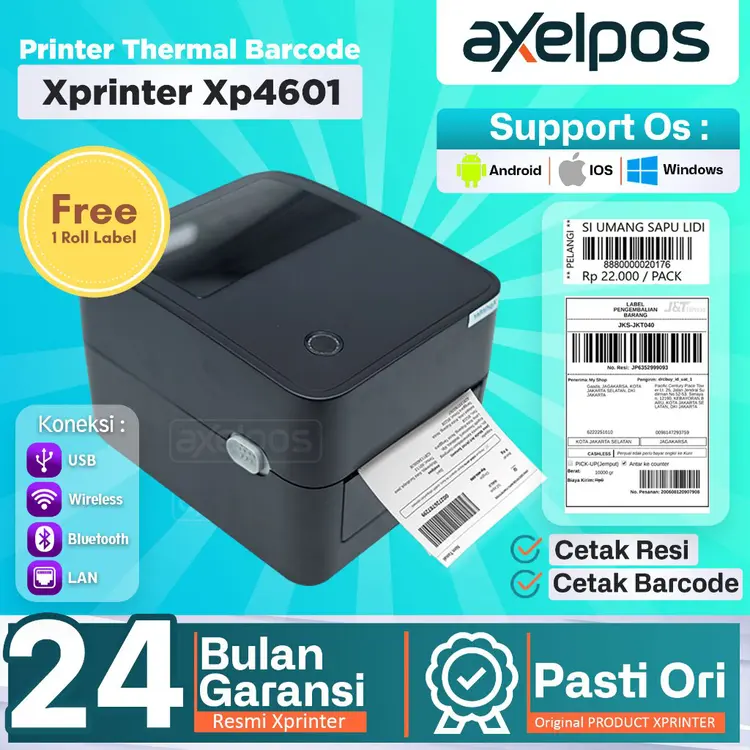 Axelpos PRINTER BARCODE THERMAL LABEL XPRINTER XP-4601 A6-110MM KONEKSI USB / USB - BLUETOOTH / USB-  WIFI