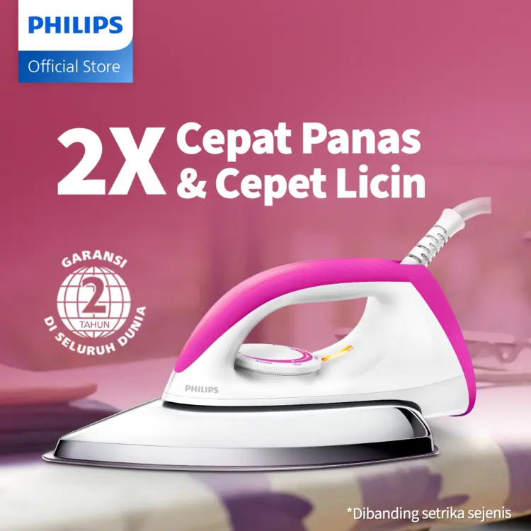 [EXTRA DISKON 20K] Philips Setrika kering HD1173/40 Pink, Ceramic 4 Lapis, Anti-Lengket, seterika philips, gosokan baju
