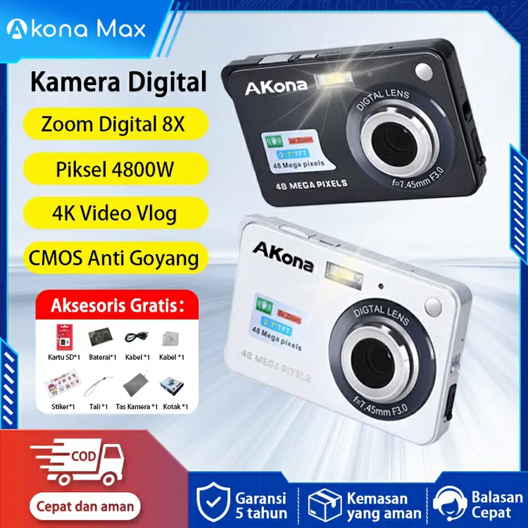 Akona Kamera Digital Mini 48MP 8X Zoom Digicam LCD 2,7 Inci 4K Vlog Anti Goyang Filter Kamera Pocket（Free Tas Kamera + Tali Gantungan）