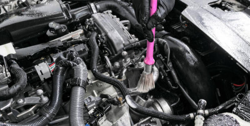 cleaning car with  brush. car detailing. worker cleaning. car cleaning concept - engine degreaser potret stok, foto, &amp; gambar bebas royalti