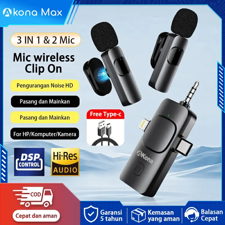 Akona 3 IN 1 Mic Wireless Clip On 2 Microphone Wireless Clip On Noise Reduction Mikrofon Konten Kreator 3.5MM Type-c Lightning For Hp / Kamera / Komputer