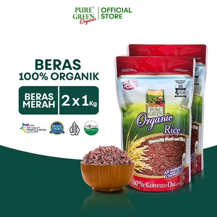 PAKET 2 - PureGreen Organic Rice Beras Organik Beras Merah 1 kg x 2 pc