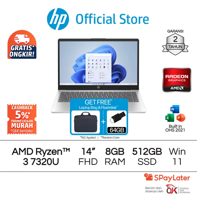 Laptop HP AMD Ryzen 3 Radeon 8GB RAM 256GB / 512GB SSD Gold / Silver Windows 11 Home 14 Inch Garansi 2 Tahun Promo Murah Gratis Ongkir Official Non Second
