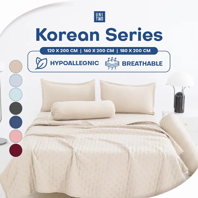 UNITWO [BED COVER+SPREI SET] Bed Cover Set Dengan Sprei Set, Sarung Bantal dan Sarung Guling Full Pressing Karet Keliling Lembut Motif Polos - Seprei Set Polos Korea Lembut 180X200 160X200 120X200