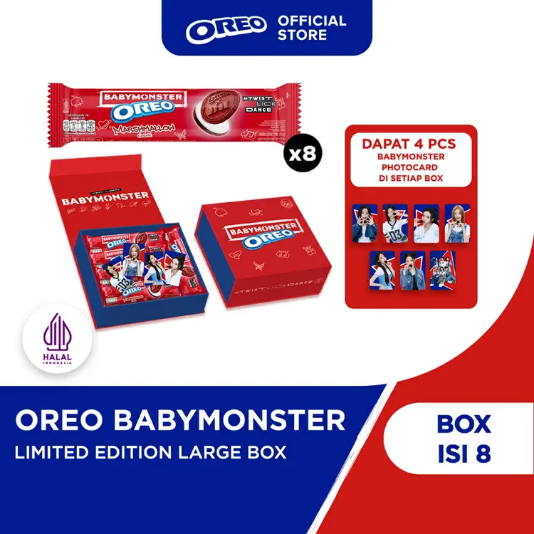 [LARGE BOX] OREO X BABYMONSTER Exclusive Box - Isi 8pcs Biskuit Red Marshmallow, GRATIS 4 Photocard [Limited Edition] | Snack Cemilan Manis Favorit Anak & Keluarga KPOP