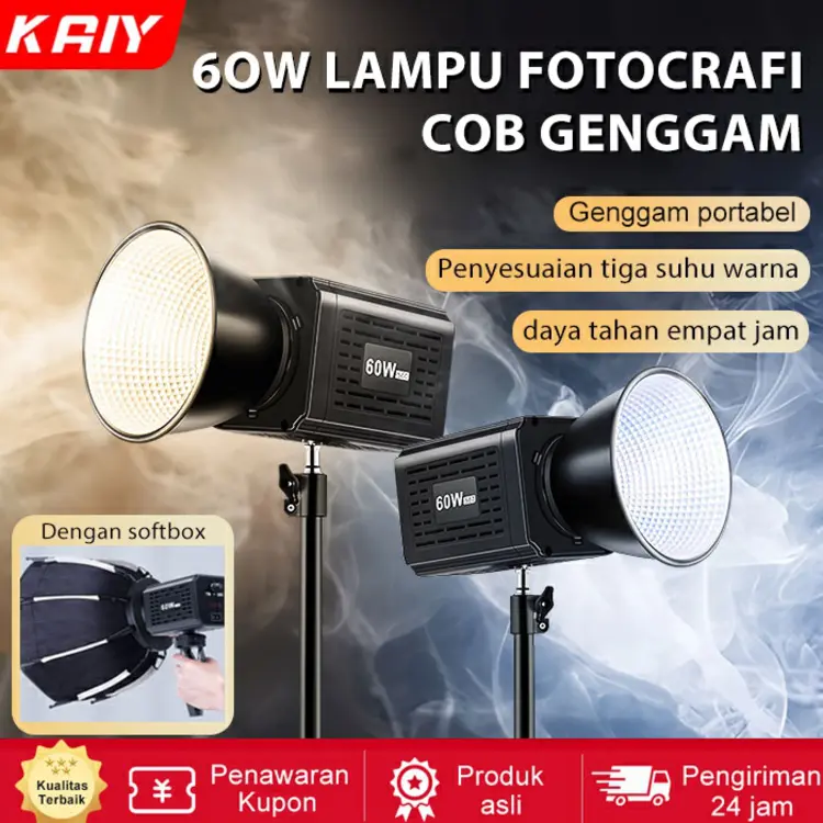 KAIY 60W Rechargable Genggam LED Video Light  COB Portable Softbox Lighting Professional Fotografi Light 2800K-7500K Studio Lampu Live Streaming with mini 30cm Kotak Lunak Dudukan Genggam Gratis