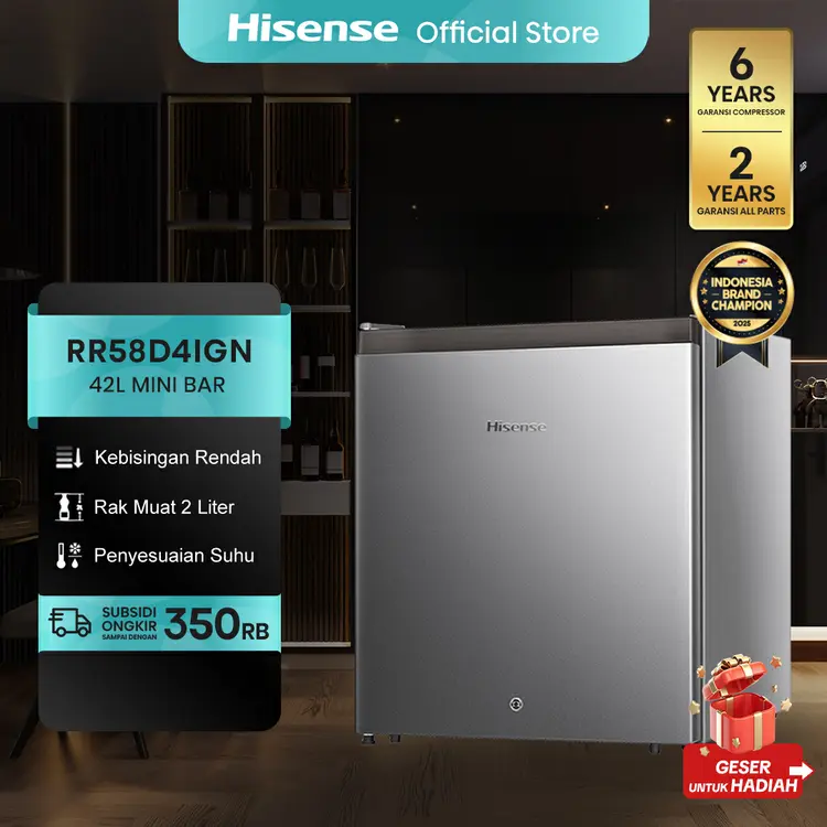 Hisense Kulkas Mini Bar Kulkas 1 Pintu - RR58D4IGN (Refrigerator) Lemari Es Portable  - Silver 【Net Capacity 42L】 【Space-Friendly】【Low Noise】【Separate Chiller】